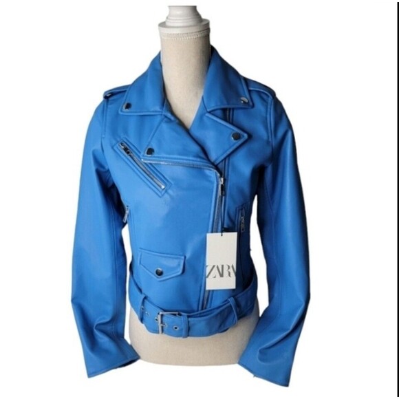 ZARA blue Faux Leather Biker Jacket Size S Moto chic streetwear urban fashion - Picture 4 of 10